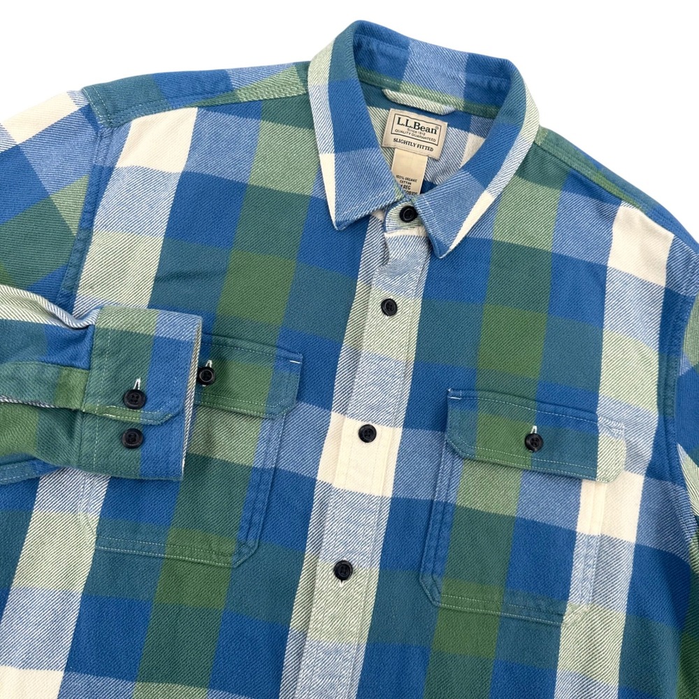 LL Bean Mens Organic Cotton Flannel Shirt Blue Green Plaid Slightly Fitted M Reg